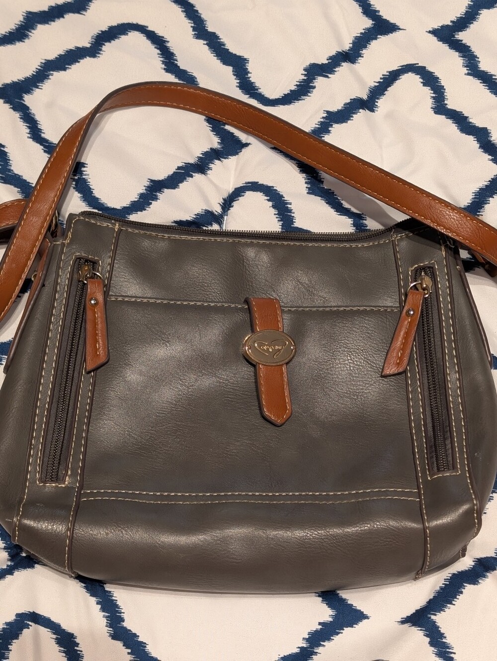 Company Brand Leather Crossbody Bag in Gray with Tan Trim. Pre loved.